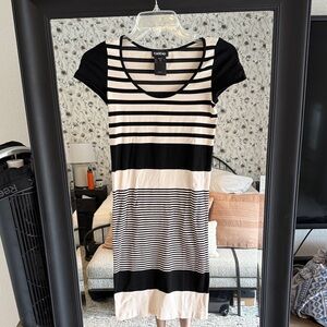 Bebe Black and White Striped Midi Dress Sz M/L